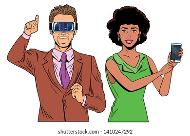 couple with virtual reality headset and cellphone avatar cartoon character vector illustration graphic design
