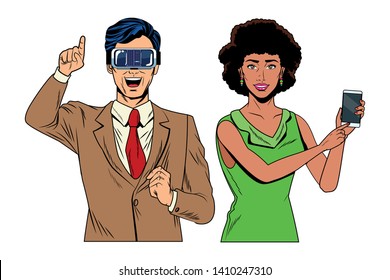 couple with virtual reality headset and cellphone avatar cartoon character vector illustration graphic design
