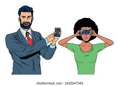 couple with virtual reality headset and cellphone avatar cartoon character vector illustration graphic design