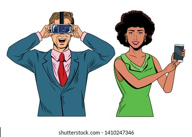 couple with virtual reality headset and cellphone avatar cartoon character vector illustration graphic design