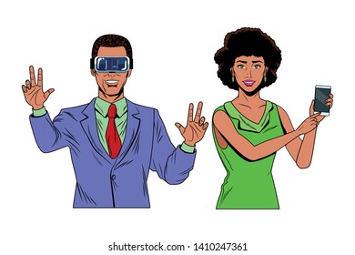 couple with virtual reality headset and cellphone avatar cartoon character vector illustration graphic design