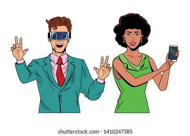 couple with virtual reality headset and cellphone avatar cartoon character vector illustration graphic design