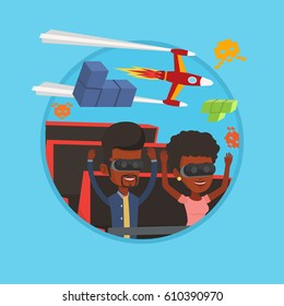 Pareja con casco de realidad virtual montada en una montaña rusa. Pareja con gafas de realidad virtual divirtiéndose en un parque de diversiones virtual. Ilustración de diseño plana vectorial en el círculo aislado en el fondo