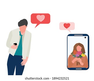 A couple a virtual romantic call, sending love, hug, flowers. Long distance relationships concept.