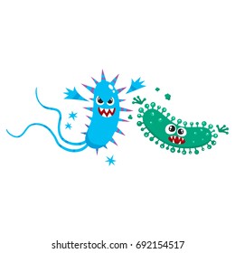 Couple of virus, germ, bacteria characters with human faces and sharp teeth, cartoon vector illustration on white background. Scary bacteria, virus, germ monsters, pathogens, microorganisms