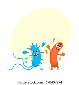Couple of virus, germ, bacteria characters with human faces and sharp teeth, cartoon vector illustration with space for text. Scary bacteria, virus, germ monsters, pathogens, microorganisms