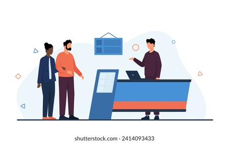 Couple visit to business exhibition booth, expo trade show event. Man and woman visitors standing at commercial stand with promoter for exhibits products presentation cartoon vector illustration