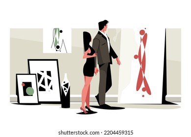 Couple visit gallery of modern art together vector illustration. Man and woman at art gallery flat style. Artwork and cultural evening idea