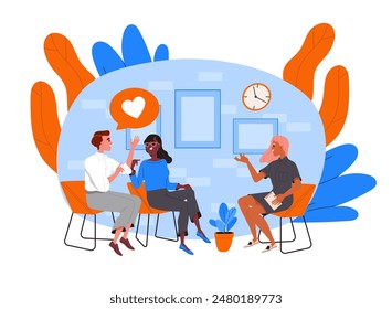 Couple visit psychologist. Couple consulting with family psychologist. Mental issues and problems. Specialist help to married people. Cartoon flat vector illustration isolated on white background