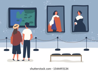 Couple visiting art gallery, museum flat vector illustration. People viewing showpieces at exhibition. Tourists looking at paintings at display hall. Man and woman enjoying artworks.