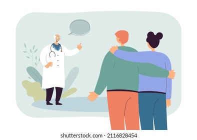 Couple visiting doctor together flat vector illustration. Man and woman having psychological or infertility consultation. Family, love concept for banner, website design or landing web page