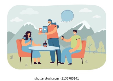 Couple visiting outdoor cafe flat vector illustration. Waiter serving man and woman, bringing food in background of mountain. Date, love concept for banner, website design or landing web page