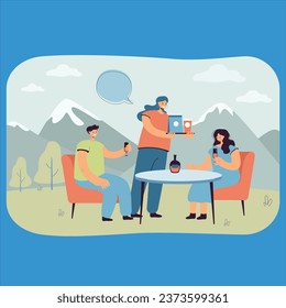 Couple visiting outdoor cafe flat vector design illustration