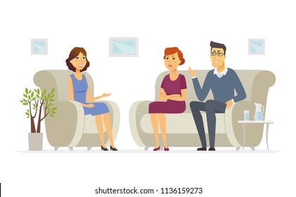 A couple visiting a psychologist - cartoon people character isolated illustration on white background. An image of a family talking to a doctor, sitting on a sofa. Young female counselor making notes