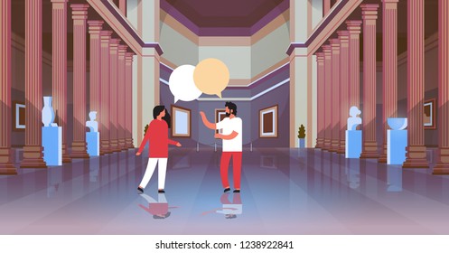 couple visitors in classic historic museum art gallery hall with columns interior chat bubble communicating looking ancient exhibits and sculptures collection flat horizontal