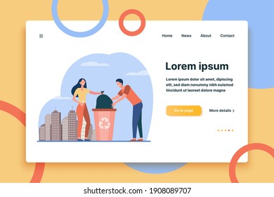 Couple of volunteers collecting garbage. People placing bag with trash into bin flat vector illustration. Waste reducing, volunteering, recycling concept for banner, website design or landing web page