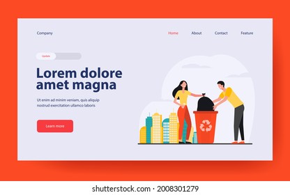 Couple of volunteers collecting garbage. People placing bag with trash into bin flat vector illustration. Waste reducing, volunteering, recycling concept for banner, website design or landing web page