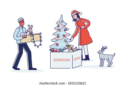 Couple Of Volunteers Giving Toys For Christmas Donation And Charity For Poor Kids Gifts. Man And Woman Gathering Donations For Children. Help And Support Concept. Linear Vector Illustration