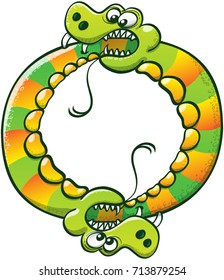 Couple of voracious snakes with sharp fangs and yellow stripes digging their sharp fangs into each other's skin and biting their respective tails while forming a circle in perfect rotational symmetry
