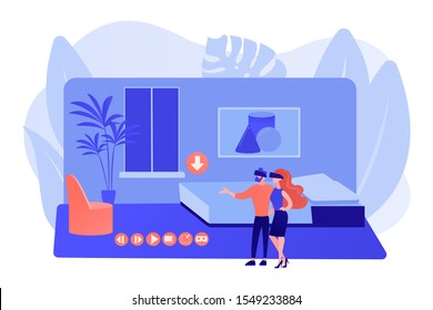 Couple in VR glasses. Property virtual reality simulation. Real estate virtual tour, VR virtual house tour, virtual tours creating services concept. Pinkish coral bluevector isolated illustration