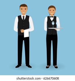 Couple Of Waiter And Waitress With Dishes And In Uniform Stand Together. Restaurant Team Concept. Food Service Staff. Vector Illustration.