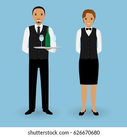 Couple of waiter and waitress with dishes and in uniform stand together. Restaurant team. Service staff. Vector illustration.