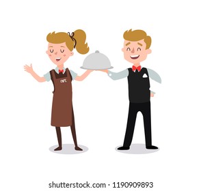 Couple of waiters wearing the uniform. Fun flat cartoon personage. Isolated on white background cartoon character.