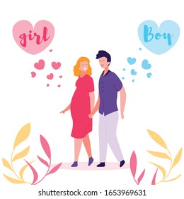 Couple Waiting Baby Girl, Boy, Vector Illustration. Happy Family, Pregnant Woman, Dress, Husband, Gender Reveal, Stroll, Heart, Leaves, Motherhood. Young Parents, Father, Mother Cartoon Style