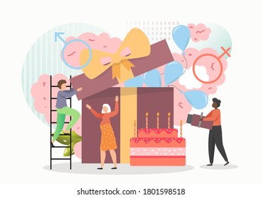 Couple Waiting For Baby Girl Boy, Flat Vector Illustration. Happy Pregnant Woman, Husband Opening Gift Box With Blue Balloons, Flapper With Pink Smoke, Big Cake. Baby Gender Reveal Announcement Party.