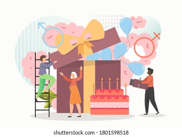 Couple waiting for baby girl boy, flat vector illustration. Happy pregnant woman, husband opening gift box with blue balloons, flapper with pink smoke, big cake. Baby gender reveal announcement party.