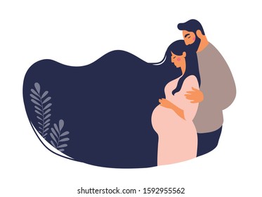 A couple is waiting for the birth of a child. A man hugs a pregnant woman. Concept illustration about pregnancy, motherhood, fatherhood. Flat vector illustration isolated on white background.