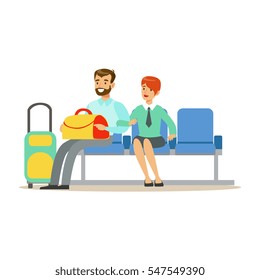 Couple Waiting For A Flight In Waiting Area, Part Of Airport And Air Travel Related Scenes Series Of Vector Illustrations