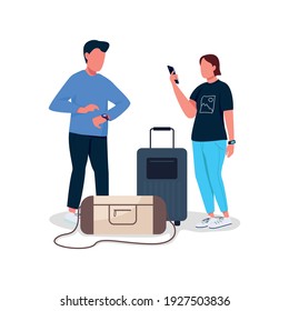 Paar wartet auf Flug flach Farbe Vektor gesichtslosen Zeichen. Beschränkungen für die Verbringung von Viren in Quarantäne. Menschen, die Urlaub machen, einzelne Cartoon-Illustration für Web-Grafik-Design und Animation