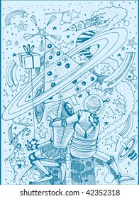 Couple Waiting Winter Holidays in Space (hand drawn vector doodle)