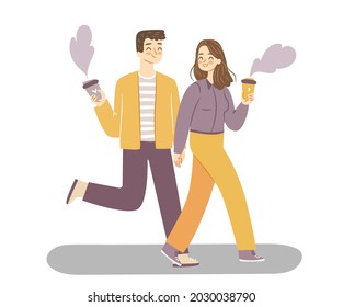Couple walk with coffee. Cute girl and a guy on a date with coffee to-go. Isolated happy people vector illustration.