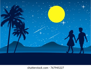 couple walk on beach at night,romantic scene sea nearby palm tree and full moon star,vector illustration