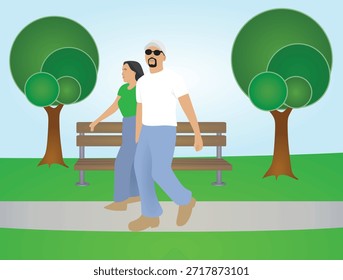 Couple walk outside to park. vector