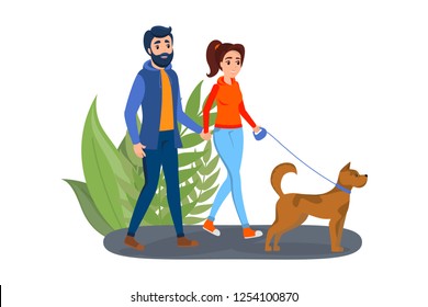 Couple walk a pet dog on the street. Man and woman walking hand in hand. Family in the park. Isolated vector illustration in cartoon style