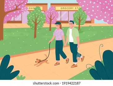 Couple walk in spring park flat color vector illustration. Romantic dating. Family walk pet dog. Happy boyfriend and girlfriend holding hands 2D cartoon characters with urban garden on background
