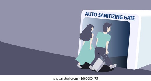 The couple walked into Auto sanitizing gate. corona virus, covid-19. vector illustration.
