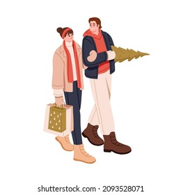 Couple walking after Christmas shopping. Happy man and woman carrying bags and Xmas fir tree in winter. People preparing for New Year holidays. Flat vector illustration isolated on white background