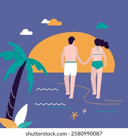 Couple walking along the beach on sunset. Man and woman in love walking on sand beach. Romantic dating on seaside. Young family rest on tropical resort. Lovers holding hands spend time on sea coast.