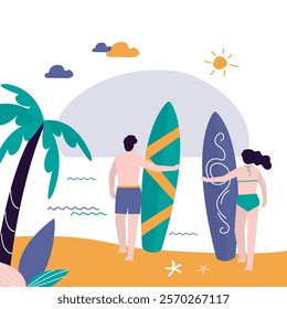 Couple walking along the beach with surfboards. Surfing people on a beach, back view. Palm, sand, ocean on background. Summertime, extreme sport. Surf spot. flat vector illustration