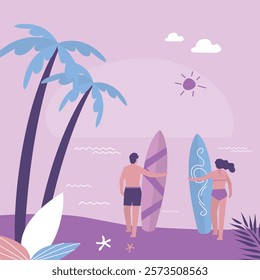 Couple walking along the beach with surfboards. Surfing people on a beach, back view. Palm, sand, ocean on background. Summertime, extreme sport. Surf spot. flat vector illustration