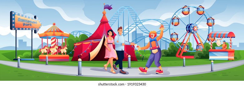 Couple walking in amusement park. Holiday and vacation recreation vector illustration. Clown on road, attraction park with rollercoaster, carousel, candy stall, ferris wheel. Horizontal panorama.