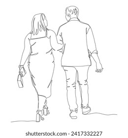 Couple walking arm in arm. Rear view. Woman holding phone and purse. Continuous line drawing. Hand drawn vector illustration in line art style.