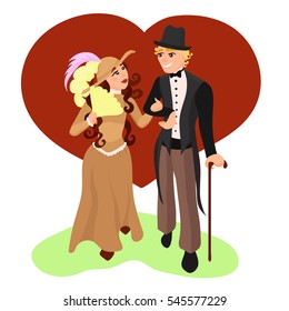A couple walking arm-in-arm. An English girl and guy on a date. In love. Vector illustration