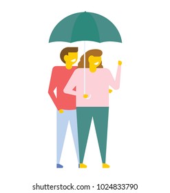 Couple walking with arms around shoulders under umbrella, flat vector icon 