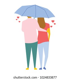 Couple Walking With Arms Around Shoulders Under Umbrella, Flat Vector Icon 