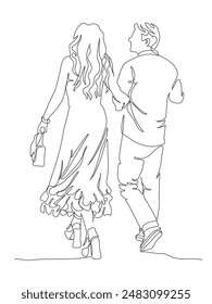 Couple walking away arm in arm. Woman wear fluffy skirt and holding purse. Single line drawing. Black and white vector in line art style.